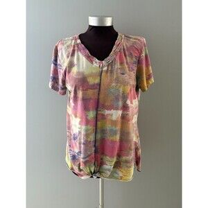Parsley & Sage Tshirt Top Womens PM Pink Yellow Watercolor Boho V Neck Tie Front